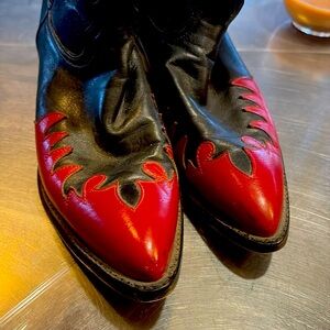 Vintage Tony lama red leather overlay 6.5 W boots near mint, leather lined